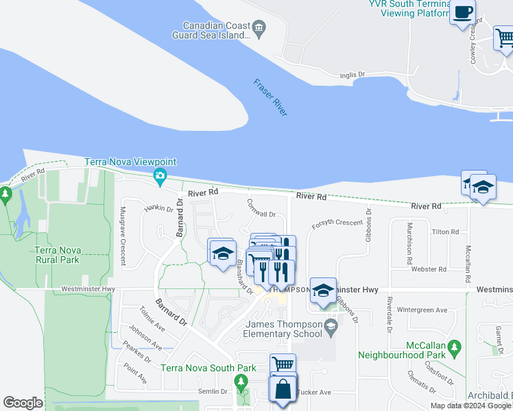 map of restaurants, bars, coffee shops, grocery stores, and more near 5653 Cornwall Drive in Richmond