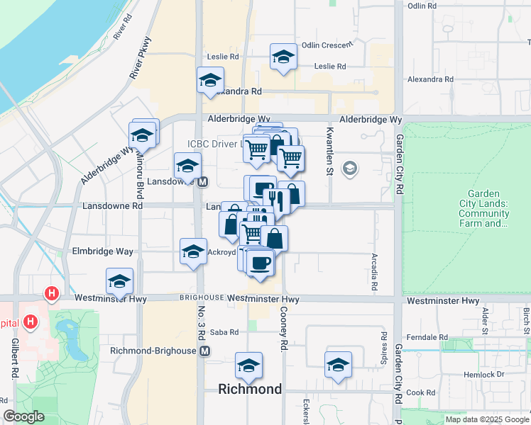 map of restaurants, bars, coffee shops, grocery stores, and more near 8280 Lansdowne Road in Richmond