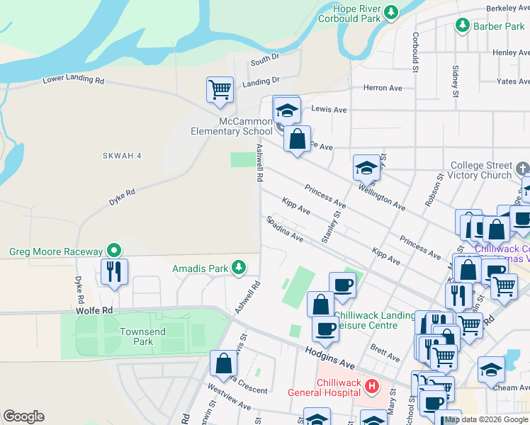 map of restaurants, bars, coffee shops, grocery stores, and more near 9442 Ashwell Road in Chilliwack