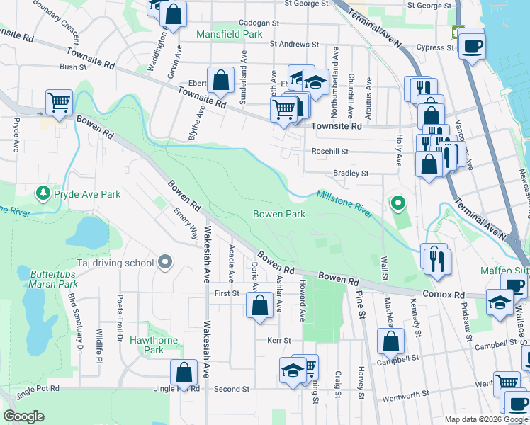 map of restaurants, bars, coffee shops, grocery stores, and more near Millstream Parkway in Nanaimo