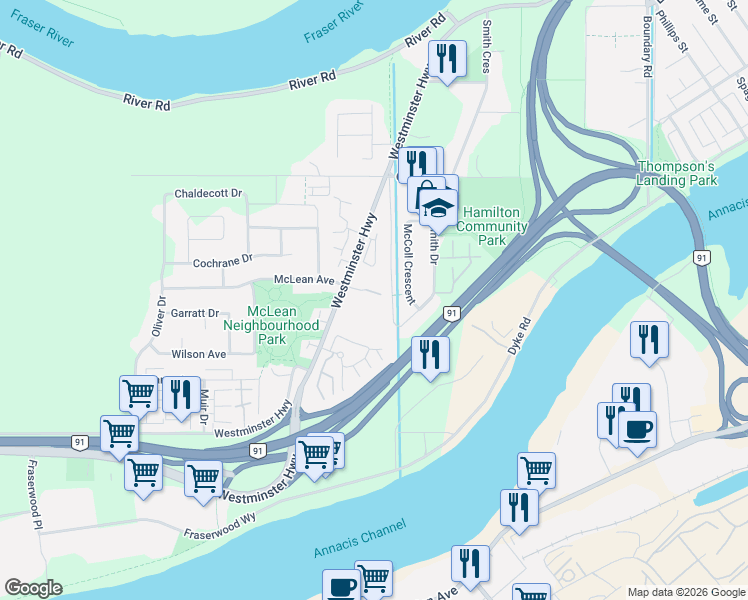 map of restaurants, bars, coffee shops, grocery stores, and more near 22811 McLean Avenue in Richmond