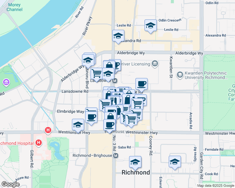 map of restaurants, bars, coffee shops, grocery stores, and more near 5500 Number 3 Road in Richmond