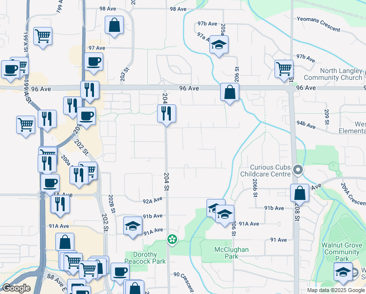 map of restaurants, bars, coffee shops, grocery stores, and more near 9417 204A Street in Langley