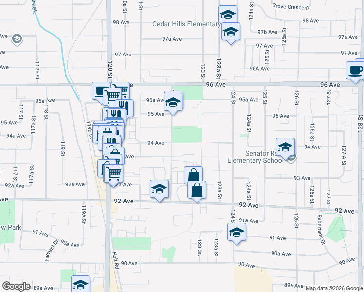map of restaurants, bars, coffee shops, grocery stores, and more near 9378 122 Street in Surrey