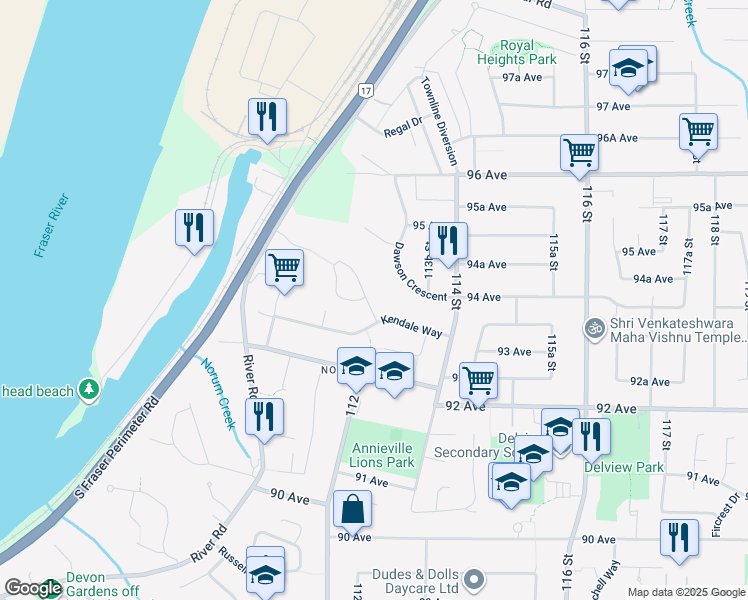 map of restaurants, bars, coffee shops, grocery stores, and more near 11276 Kendale View in Delta