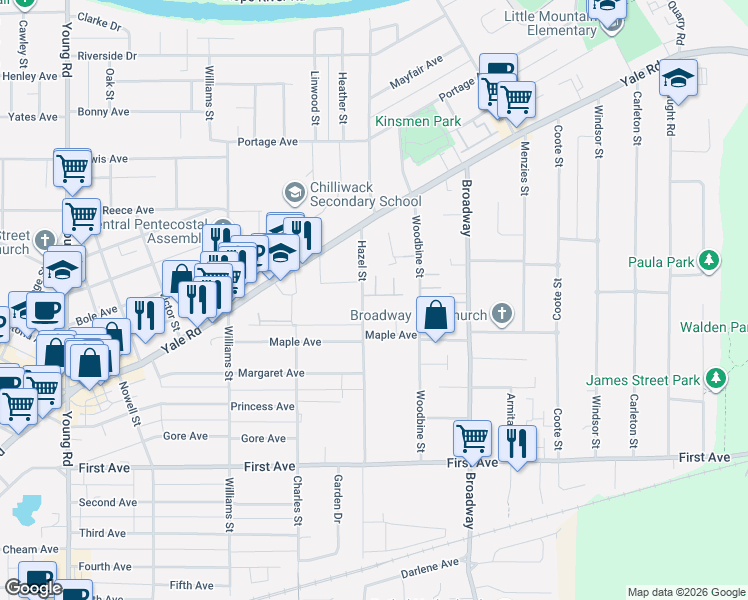 map of restaurants, bars, coffee shops, grocery stores, and more near 9446 Hazel Street in Chilliwack