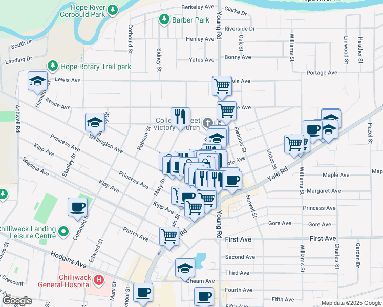 map of restaurants, bars, coffee shops, grocery stores, and more near 9447 College Street in Chilliwack