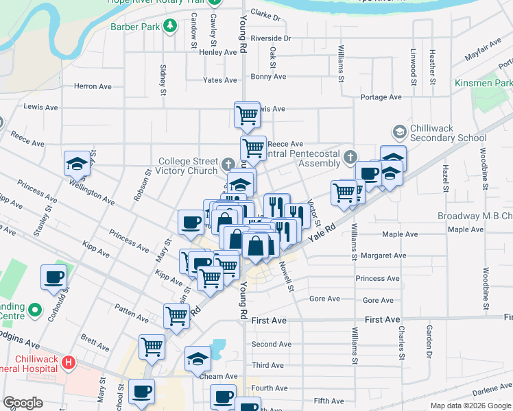 map of restaurants, bars, coffee shops, grocery stores, and more near 9445 Nowell Street in Chilliwack