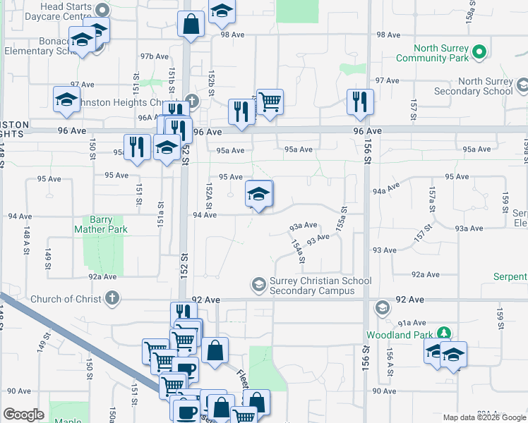 map of restaurants, bars, coffee shops, grocery stores, and more near 15371 94 Avenue in Surrey