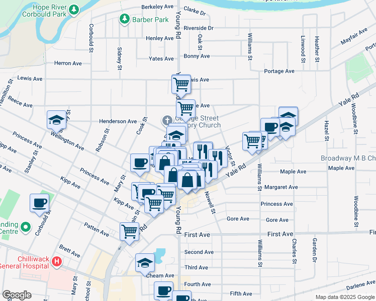 map of restaurants, bars, coffee shops, grocery stores, and more near 9445 Nowell Street in Chilliwack