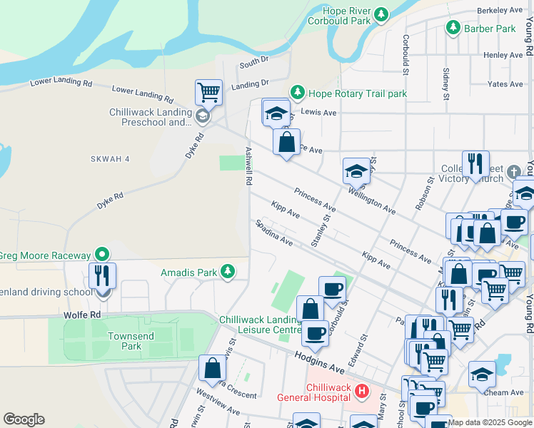 map of restaurants, bars, coffee shops, grocery stores, and more near 45395 Spadina Avenue in Chilliwack