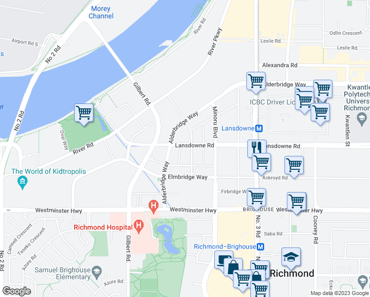map of restaurants, bars, coffee shops, grocery stores, and more near 5751 Cedarbridge Way in Richmond