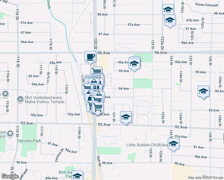 map of restaurants, bars, coffee shops, grocery stores, and more near 9389 121 Street in Surrey