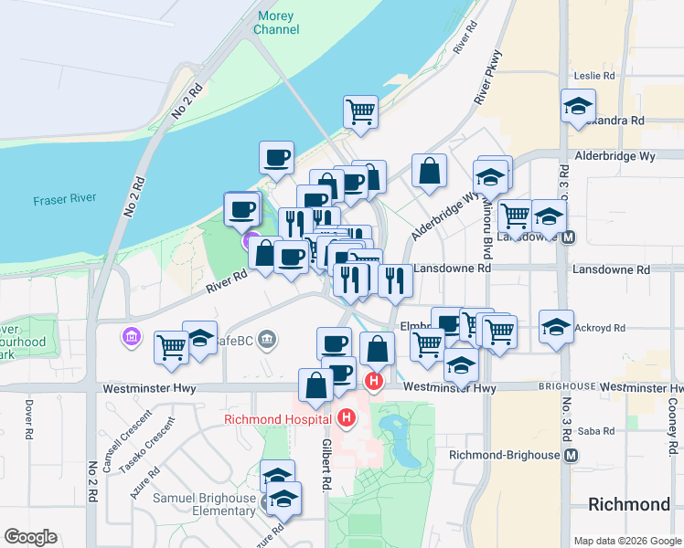 map of restaurants, bars, coffee shops, grocery stores, and more near in Richmond