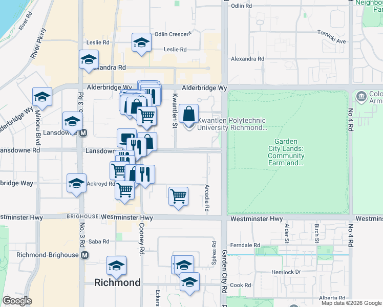map of restaurants, bars, coffee shops, grocery stores, and more near 8680 Lansdowne Road in Richmond