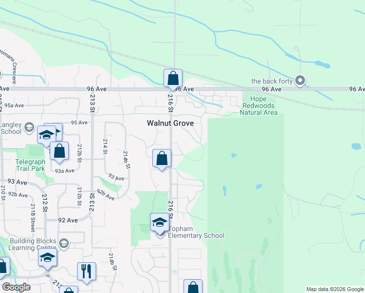 map of restaurants, bars, coffee shops, grocery stores, and more near 9422 216A Street in Langley Township