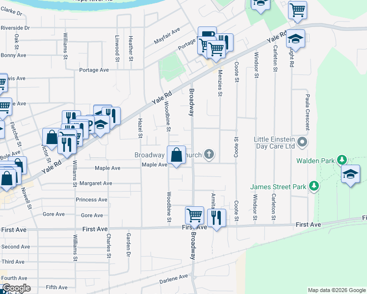map of restaurants, bars, coffee shops, grocery stores, and more near 9457 Broadway in Chilliwack