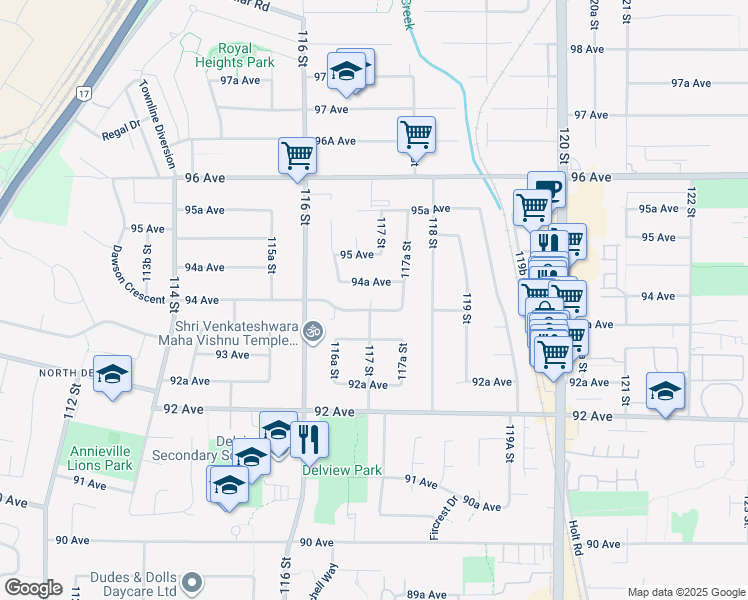 map of restaurants, bars, coffee shops, grocery stores, and more near 11713 94 Avenue in Delta