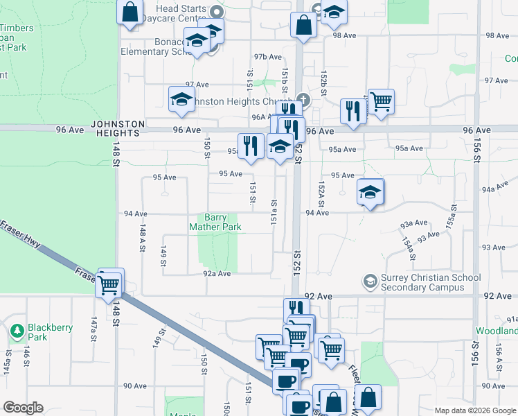 map of restaurants, bars, coffee shops, grocery stores, and more near 9420 151 Street in Surrey
