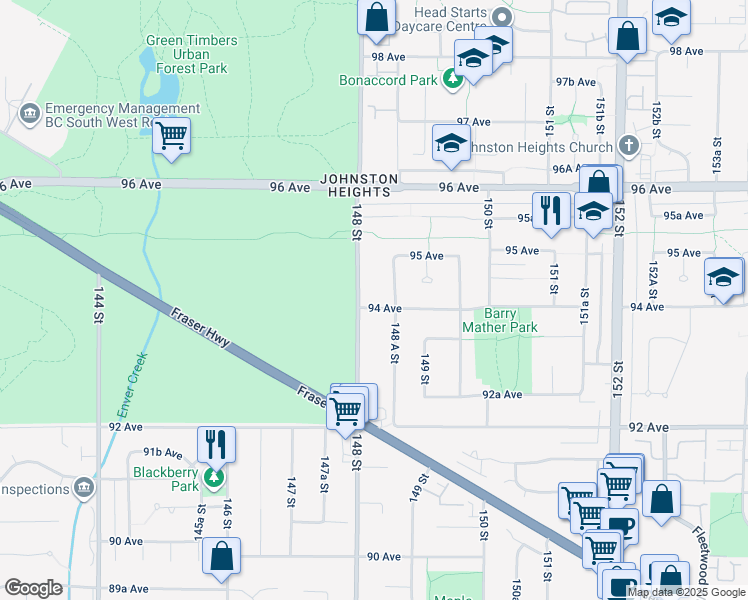 map of restaurants, bars, coffee shops, grocery stores, and more near 14827 94 Avenue in Surrey