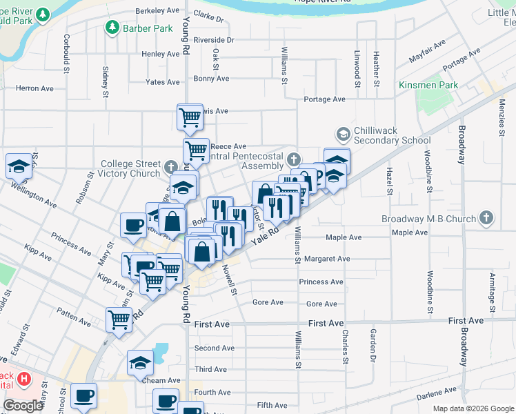 map of restaurants, bars, coffee shops, grocery stores, and more near 9462 Victor Street in Chilliwack