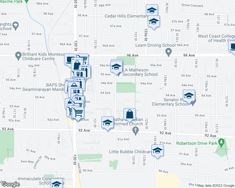 map of restaurants, bars, coffee shops, grocery stores, and more near 9402 122 Street in Surrey