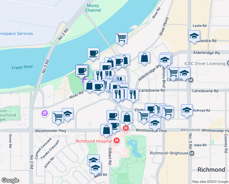 map of restaurants, bars, coffee shops, grocery stores, and more near 7468 Lansdowne Road in Richmond