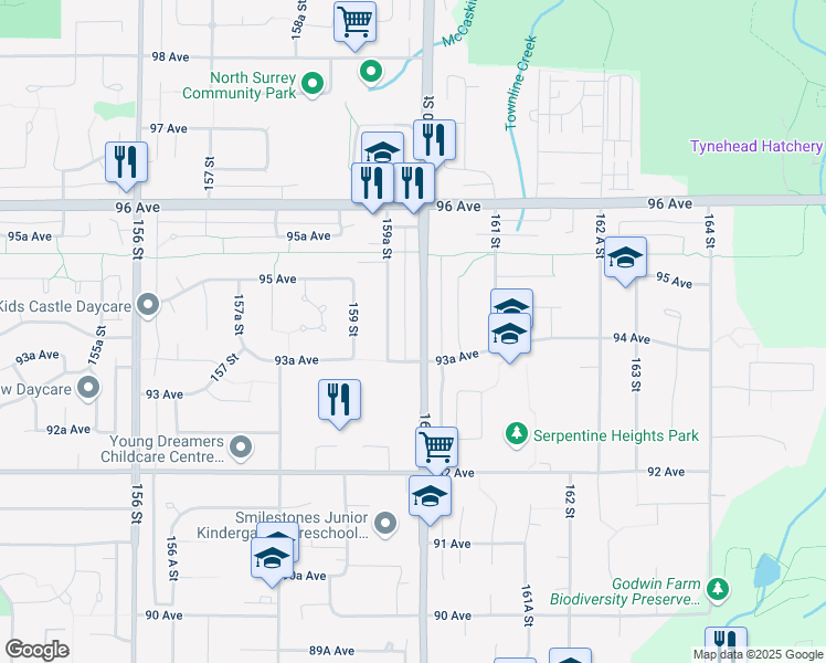 map of restaurants, bars, coffee shops, grocery stores, and more near 9413 160 Street in Surrey