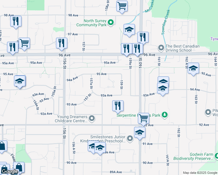 map of restaurants, bars, coffee shops, grocery stores, and more near 7116 94 Avenue in Surrey