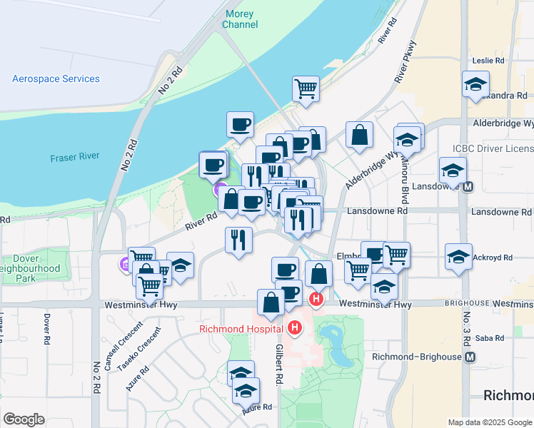map of restaurants, bars, coffee shops, grocery stores, and more near 5511 Hollybridge Way in Richmond