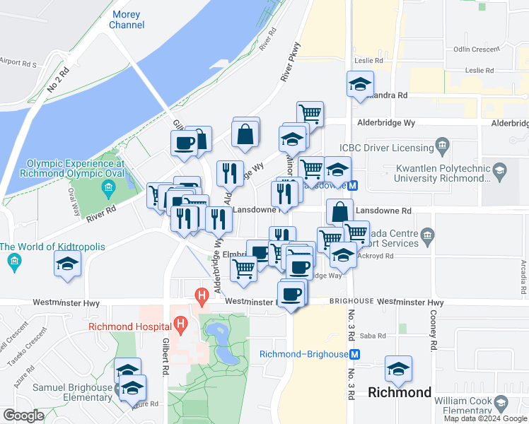 map of restaurants, bars, coffee shops, grocery stores, and more near 5700 Cedarbridge Way in Richmond