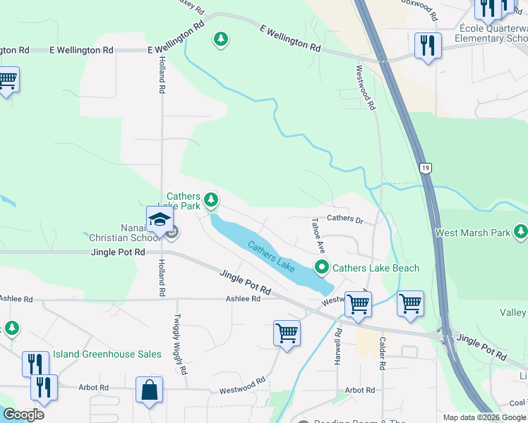 map of restaurants, bars, coffee shops, grocery stores, and more near 125 Sylvan Place in Nanaimo