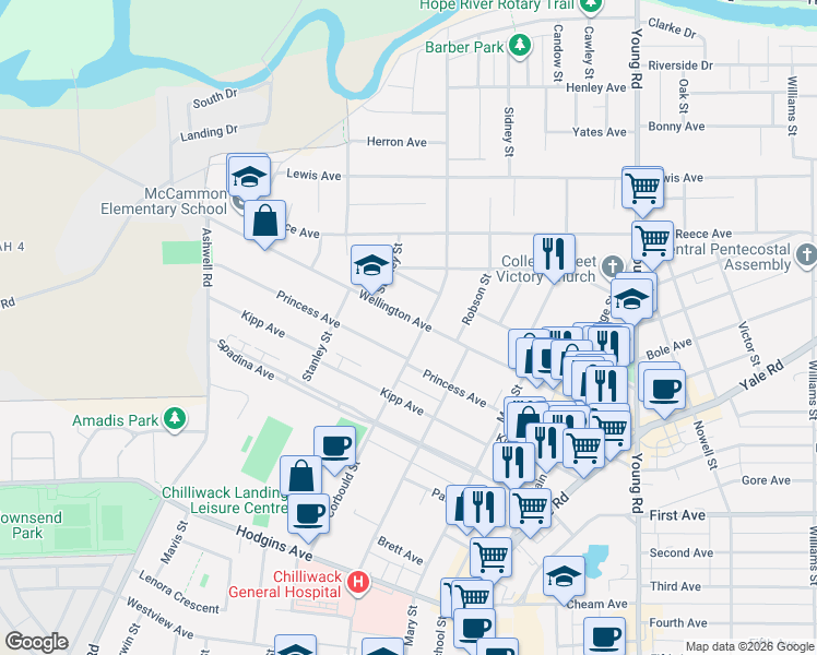 map of restaurants, bars, coffee shops, grocery stores, and more near 45644 Wellington Avenue in Chilliwack