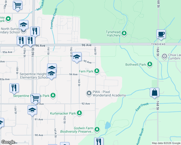 map of restaurants, bars, coffee shops, grocery stores, and more near 9416 163A Street in Surrey