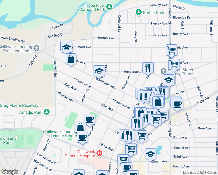 map of restaurants, bars, coffee shops, grocery stores, and more near 45644 Wellington Avenue in Chilliwack