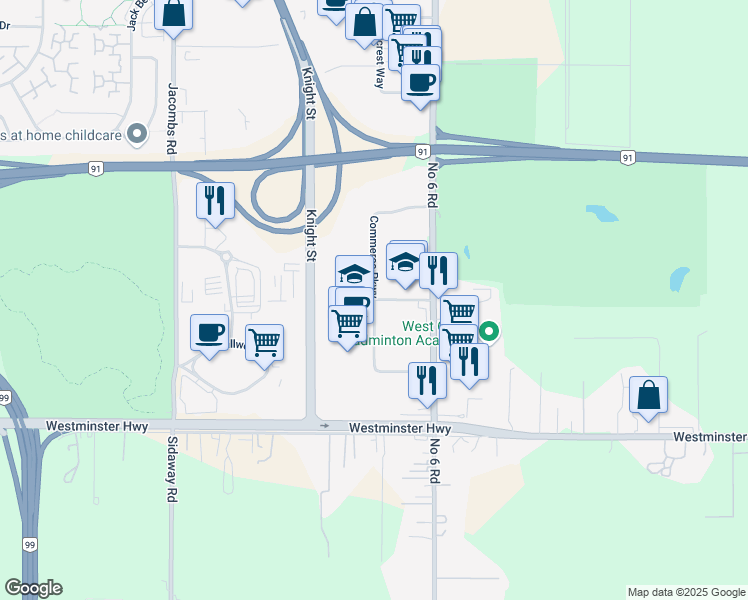 map of restaurants, bars, coffee shops, grocery stores, and more near Commerce Parkway in Richmond
