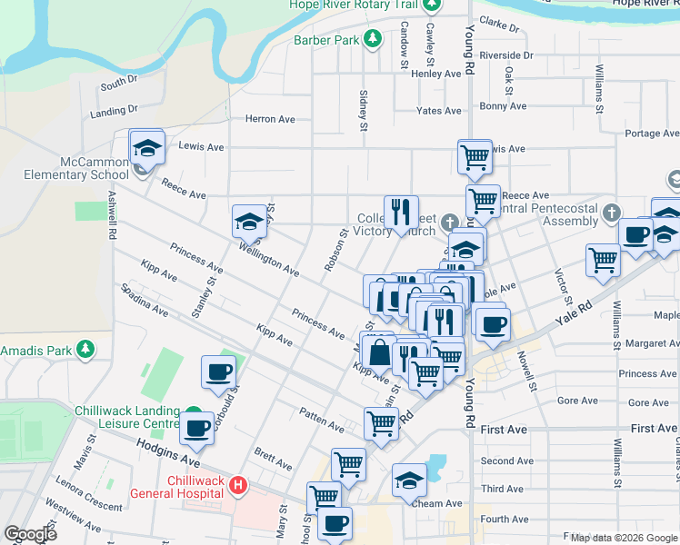 map of restaurants, bars, coffee shops, grocery stores, and more near 45720 Victoria Avenue in Chilliwack