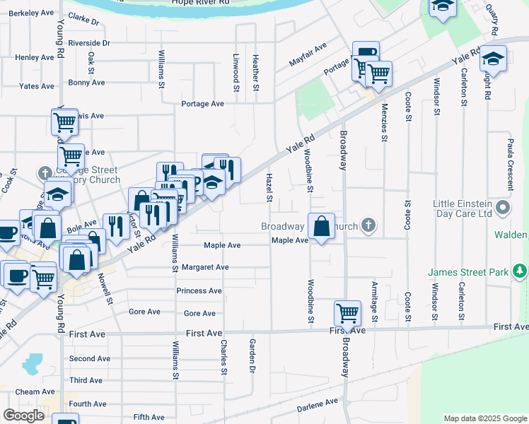 map of restaurants, bars, coffee shops, grocery stores, and more near 9451 Hazel Street in Chilliwack