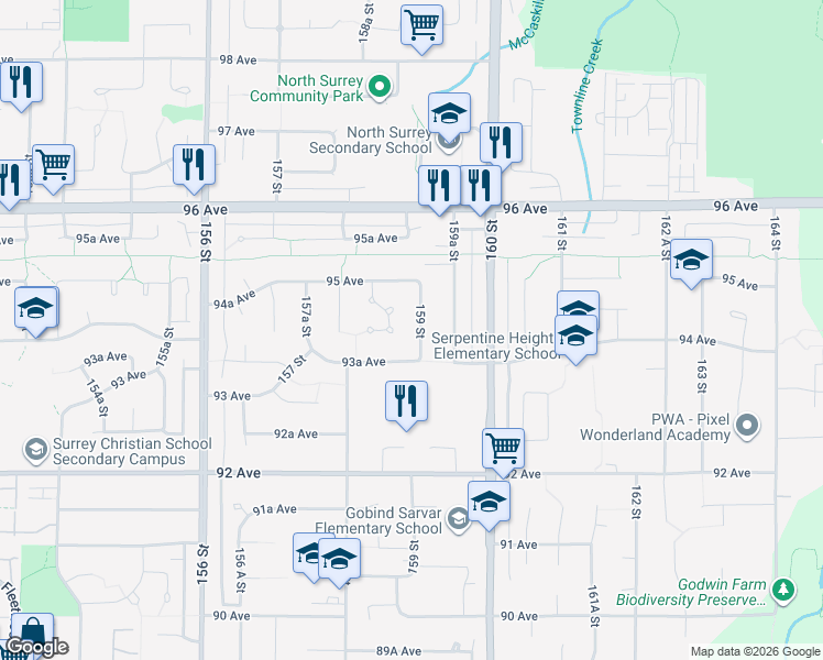 map of restaurants, bars, coffee shops, grocery stores, and more near 9419 159 Street in Surrey