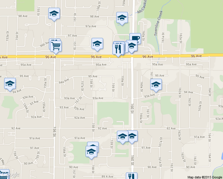 map of restaurants, bars, coffee shops, grocery stores, and more near 9419 159 Street in Surrey