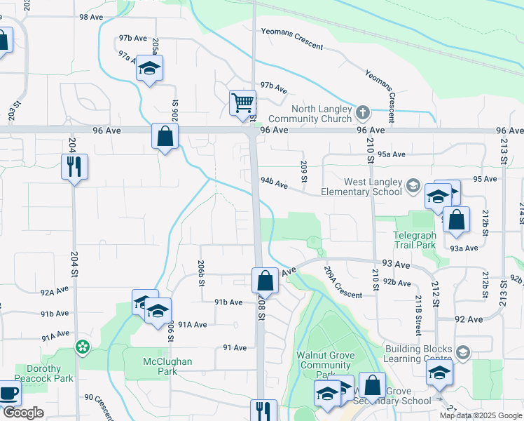 map of restaurants, bars, coffee shops, grocery stores, and more near 9452 208 Street in Langley