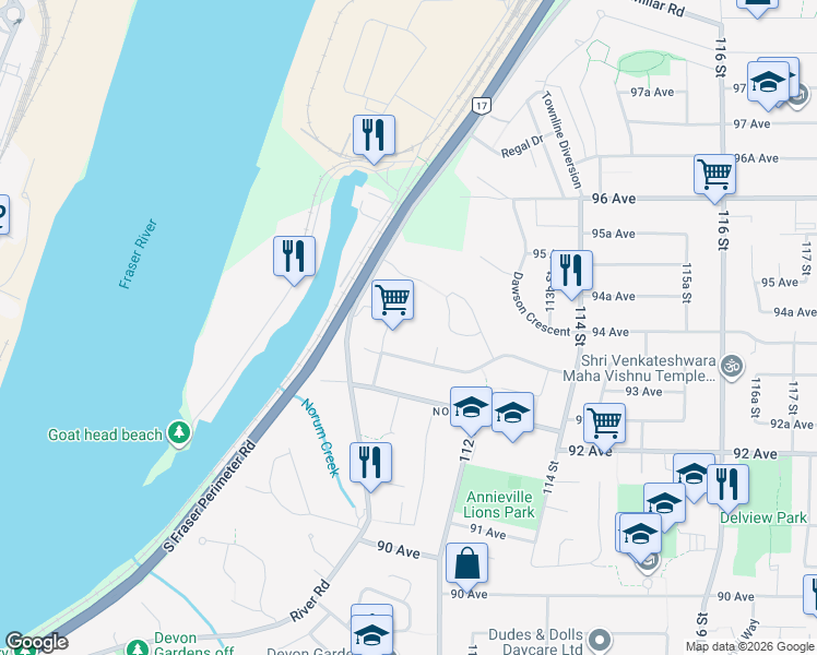 map of restaurants, bars, coffee shops, grocery stores, and more near 9404 Ebor Road in Delta