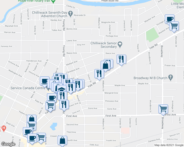 map of restaurants, bars, coffee shops, grocery stores, and more near in Chilliwack