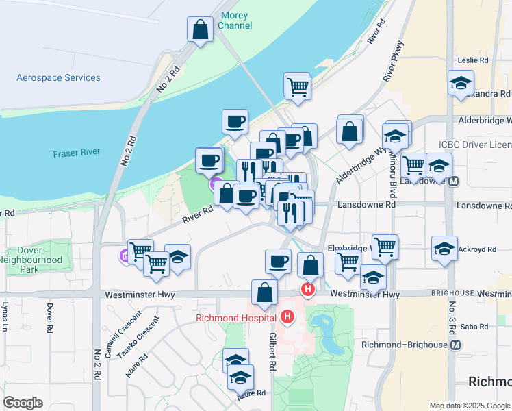 map of restaurants, bars, coffee shops, grocery stores, and more near 6628 River Road in Richmond