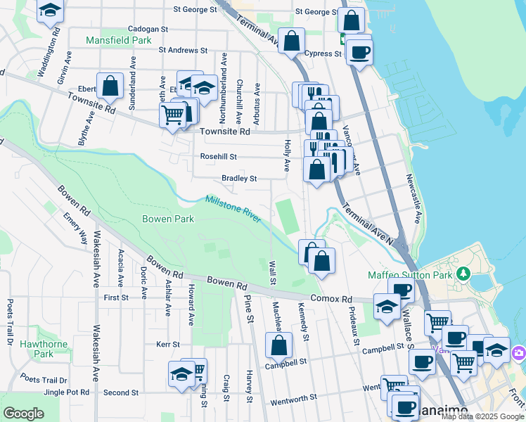 map of restaurants, bars, coffee shops, grocery stores, and more near 111 Wall Street in Nanaimo