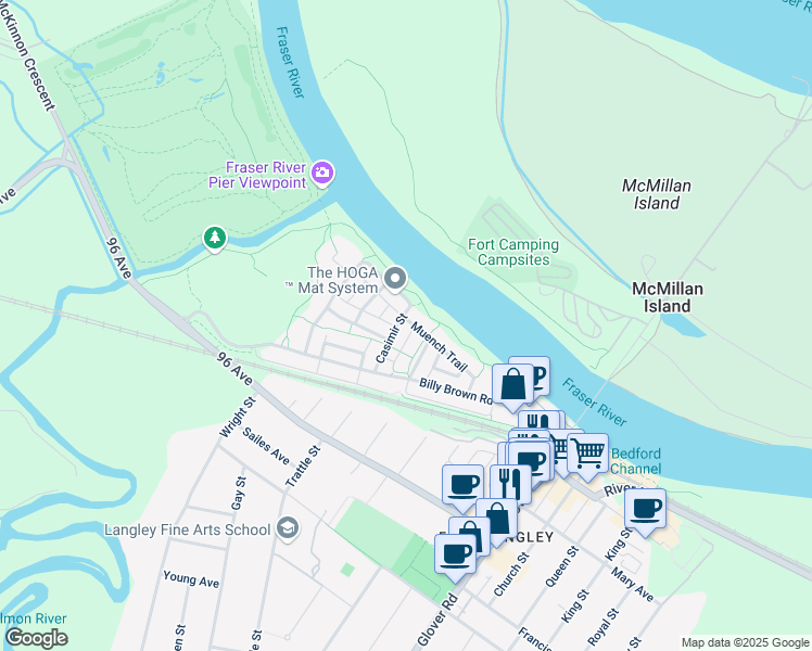 map of restaurants, bars, coffee shops, grocery stores, and more near 23072 Muench Trail in Langley Township