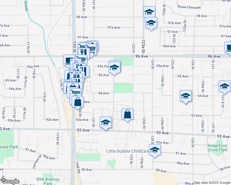 map of restaurants, bars, coffee shops, grocery stores, and more near 9415 122 Street in Surrey