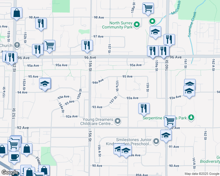 map of restaurants, bars, coffee shops, grocery stores, and more near 9420 157 Street in Surrey