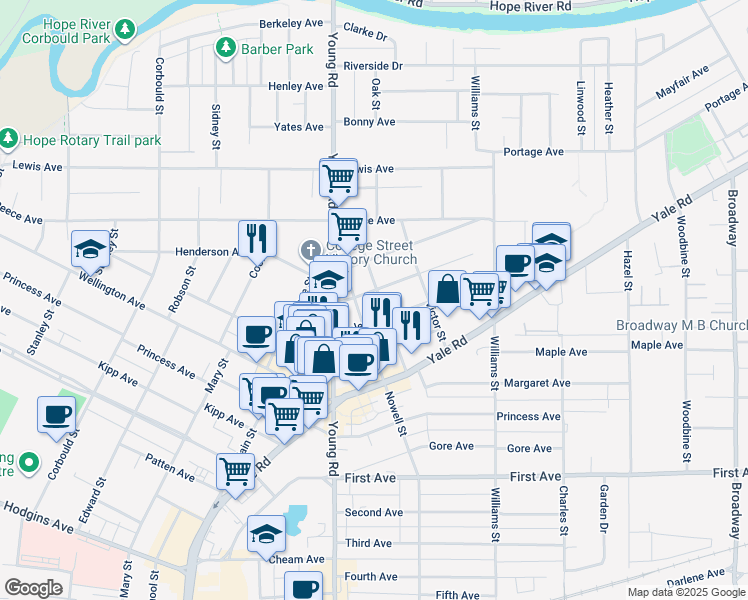 map of restaurants, bars, coffee shops, grocery stores, and more near 46031 Cleveland Avenue in Chilliwack