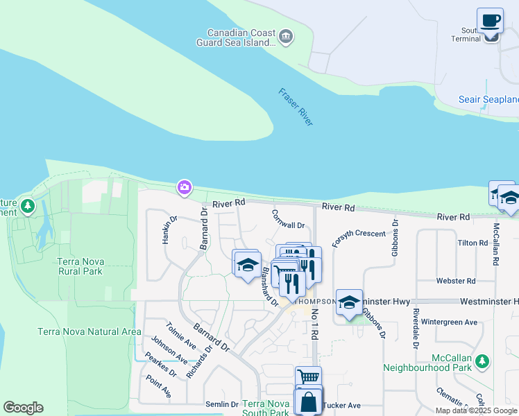 map of restaurants, bars, coffee shops, grocery stores, and more near 3600 River Road in Richmond